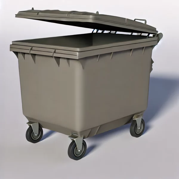 DALL·E 2024-08-31 18.01.01 – A realistic image of a large garbage bin, designed for industrial or public use. The garbage bin should be sturdy, with wheels for easy movement, and